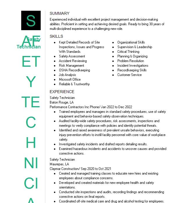 Safety Technician Resume Example