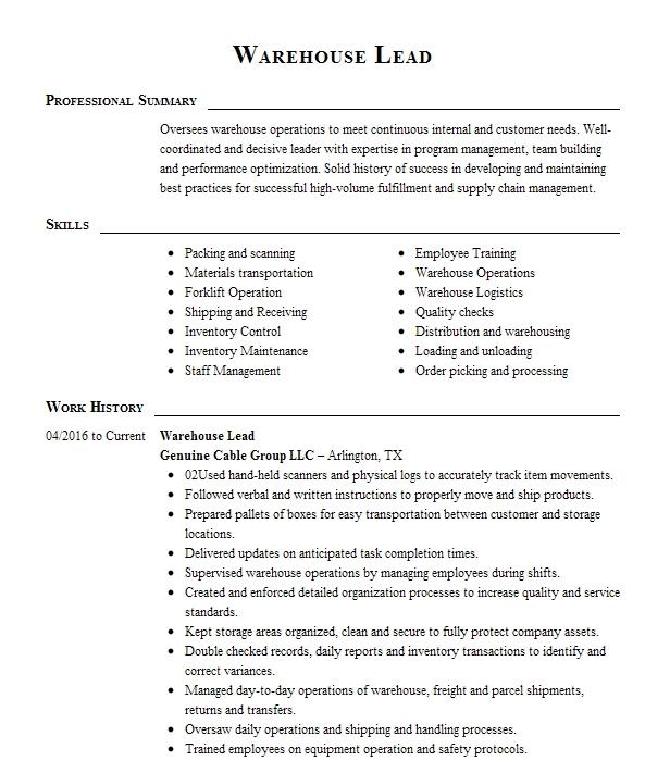 Warehouse Lead Resume Example