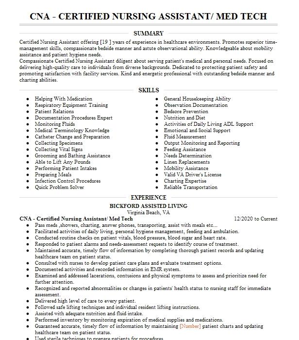 Med Tech Certified Nursing Assistant Resume Example