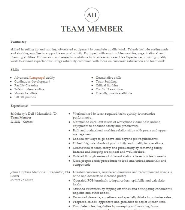 Team Member Resume Example