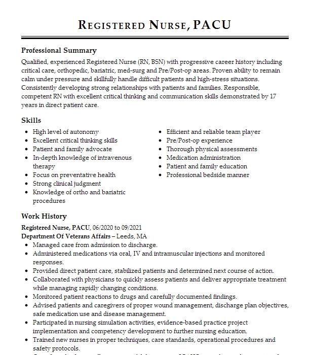 Registered Nurse, Pacu Resume Example