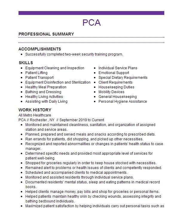 Pca Resume Example