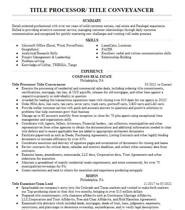 Title Processor Title Conveyancer Resume Example