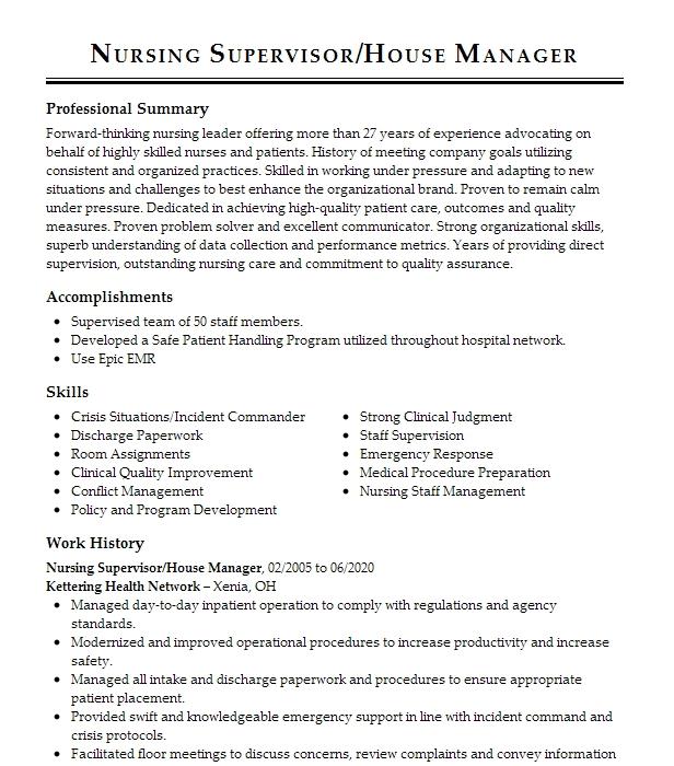 Administrative Nursing House Supervisor Resume Example