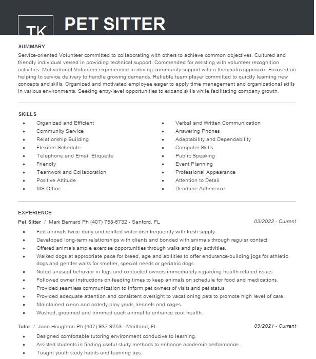 Pet Sitter Resume Example