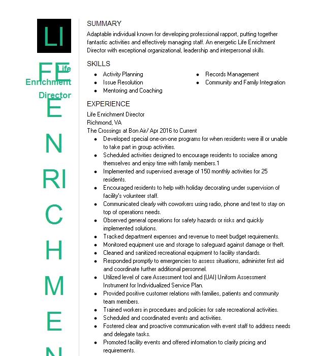 Life Enrichment Director Resume Example 8765