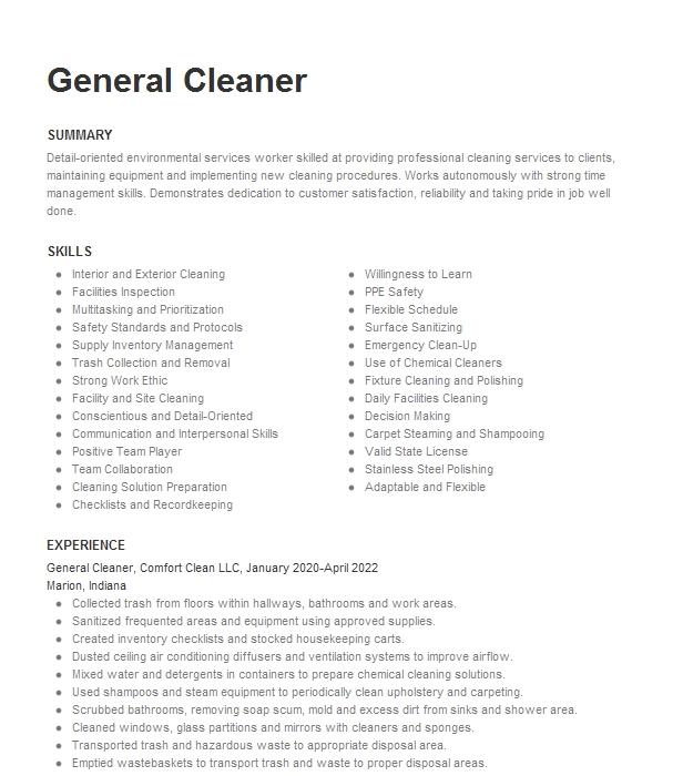 General Cleaner Resume Example