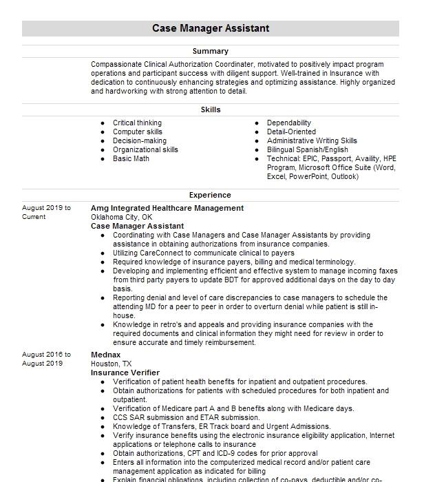 Case Manager Assistant Resume Example