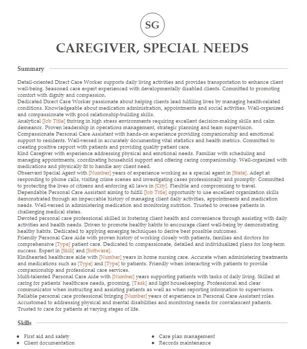 Caregiver, Special Needs Resume Example