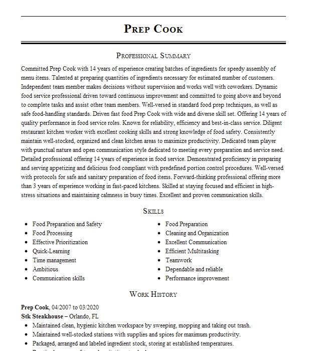 Prep Cook Resume Example 4521