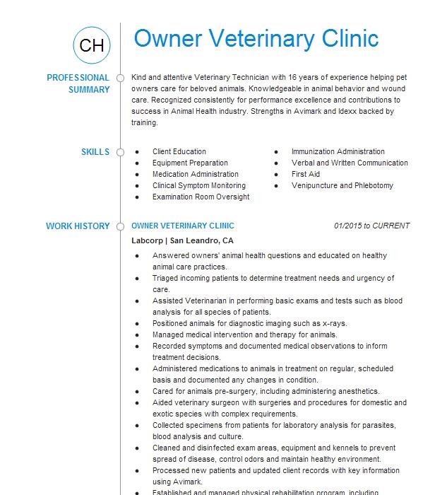 Clinic Manager Veterinary Clinic Resume Example