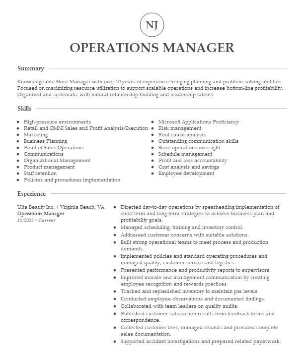 Operations Manager Resume Example