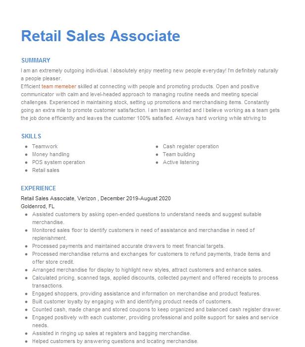 Retail Sales Associate Resume Example