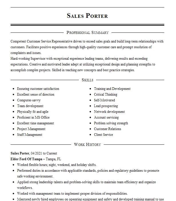 Sales Porter Resume Example