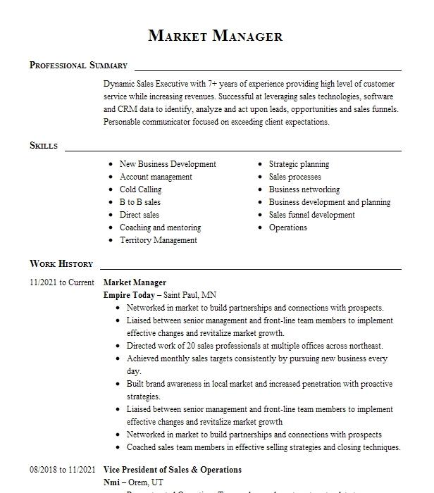 Market Manager Resume Example