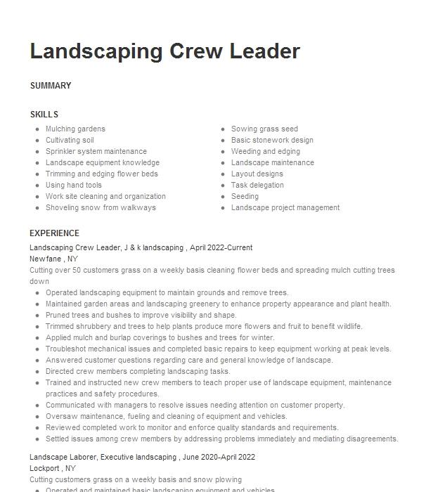 Landscaping Crew Leader Resume Example