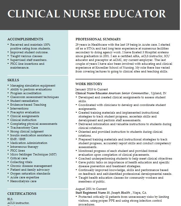 Clinical Nurse Educator Resume Example