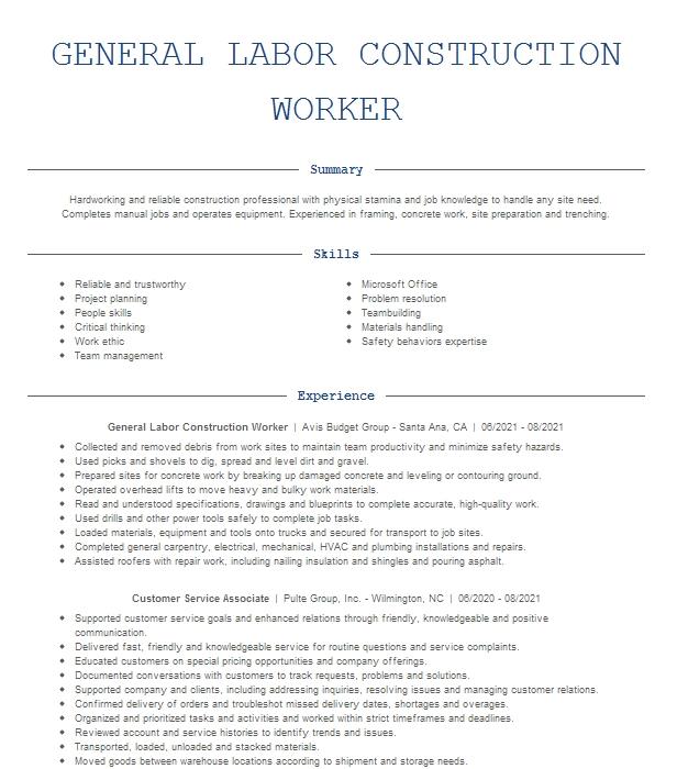 Construction Labor Objectives | Resume Objective | LiveCareer