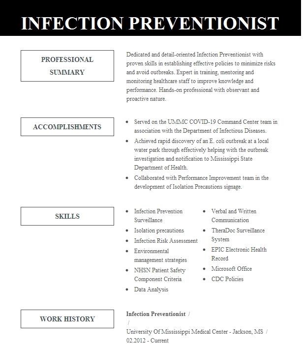 Infection Preventionist Resume Example