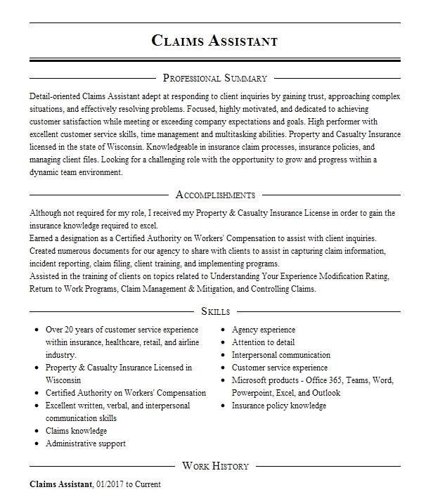 Claims Assistant Resume Example