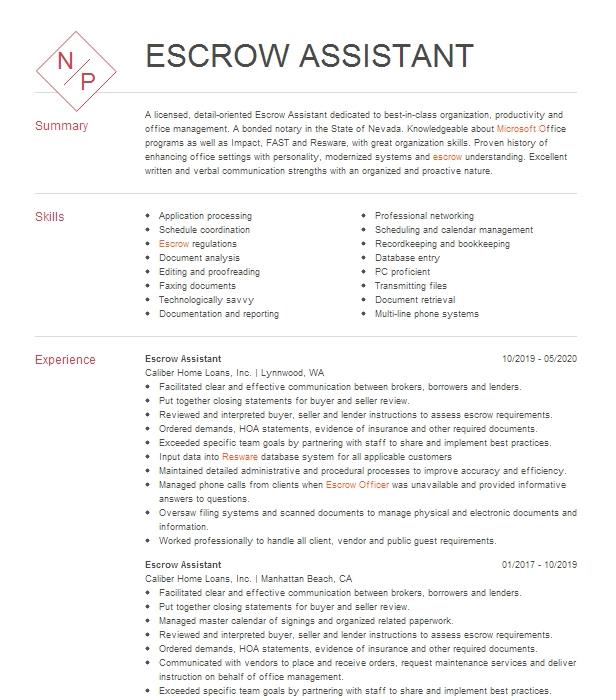 Escrow Assistant Resume Example 2988