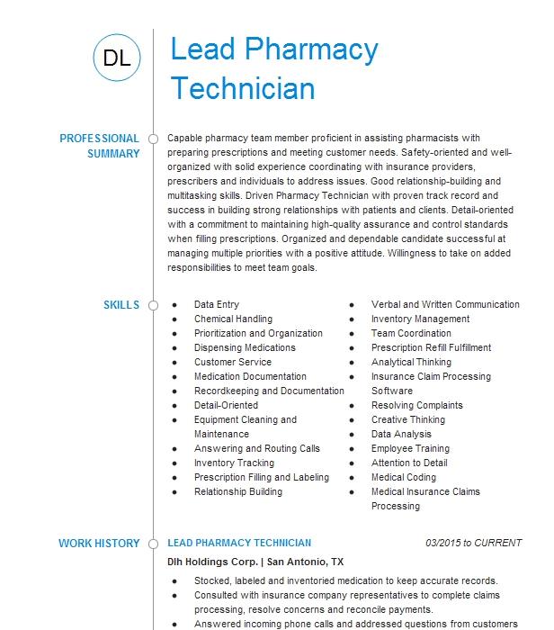 Lead Pharmacy Technician Resume Example