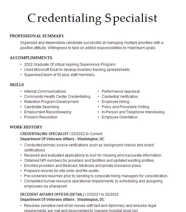 Credentialing Specialist Resume Example