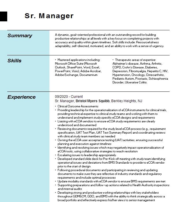 Sr. Manager Resume Example