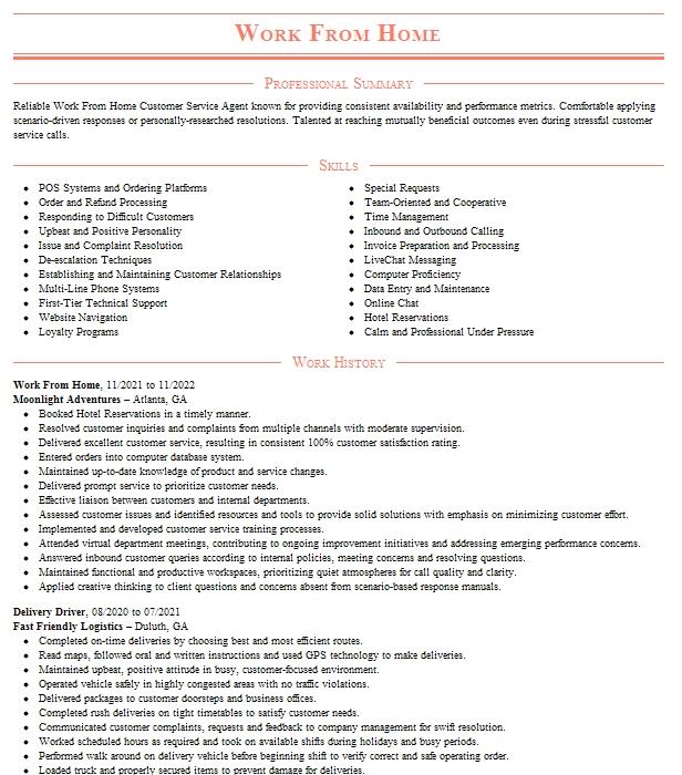 Work From Home Resume Example