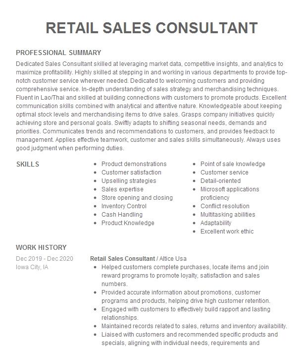 Retail Sales Consultant Resume Example