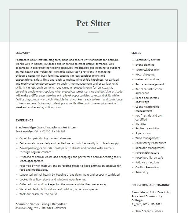 Pet Sitter Resume Example