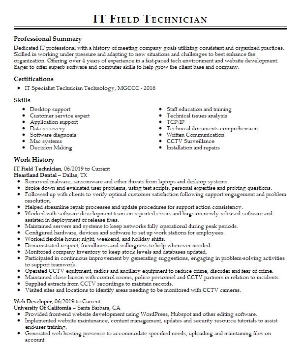 It Field Technician Sample Resume