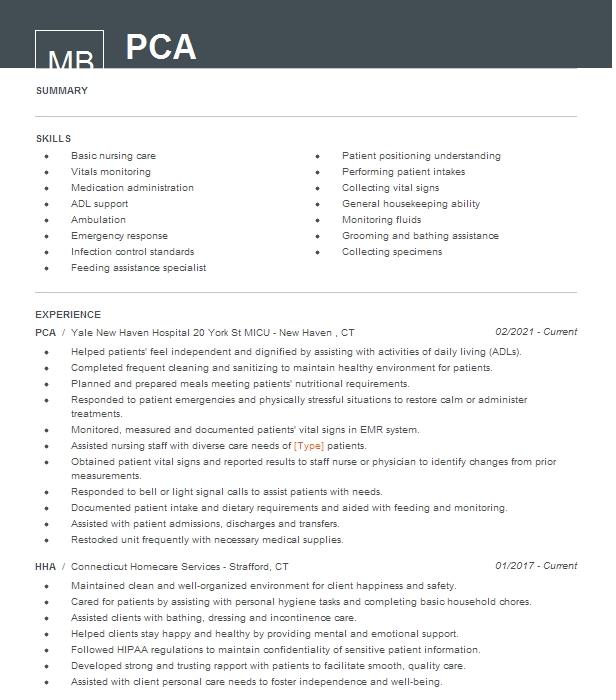 Pca Resume Example