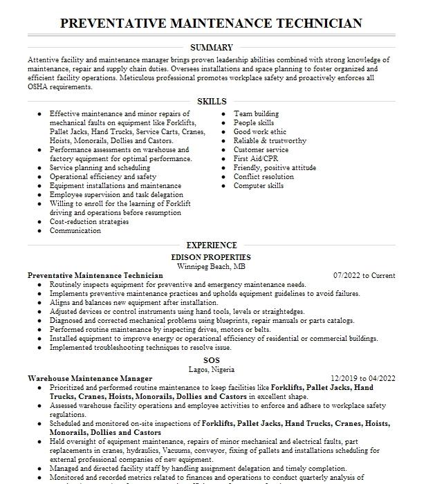 Preventative Maintenance Technician Resume Example