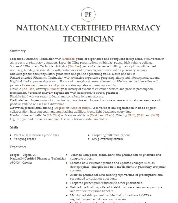 Nationally Certified Pharmacy Technician Resume Example