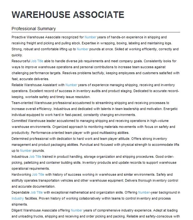 Warehouse Associate Resume Example