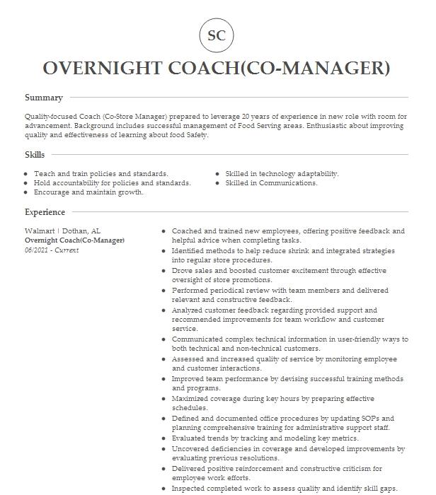 Coach Overnight Manager Resume Example