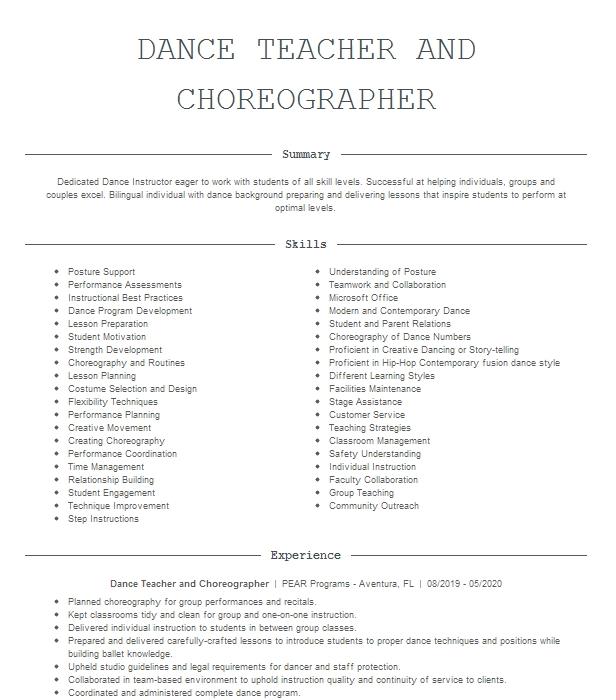 Dance Teacher Choreographer Resume Example