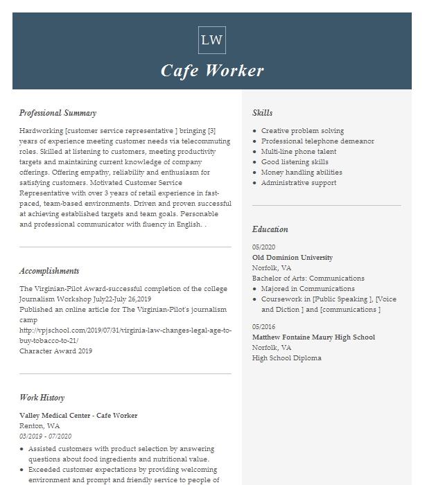 Cafe Assistant Resume Example