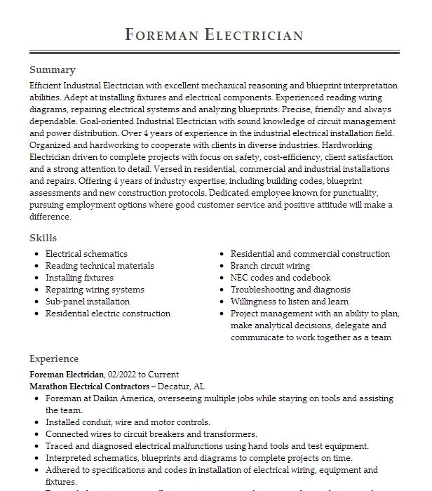 Foreman Electrician Resume Example