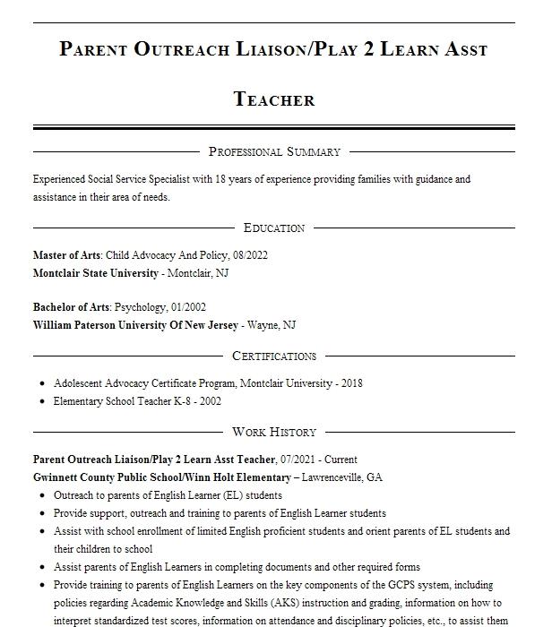 parent-community-liaison-resume-example