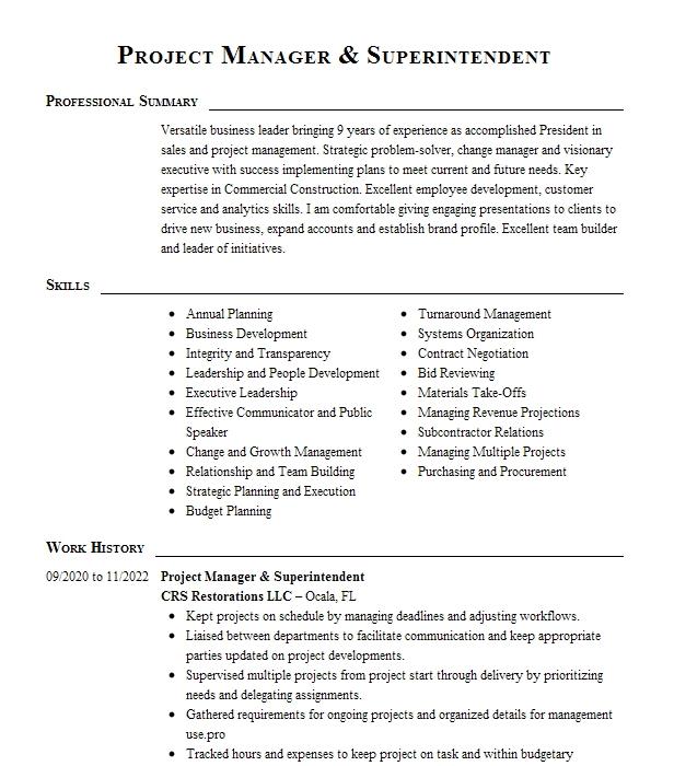 Project Manager & Superintendent Resume Example