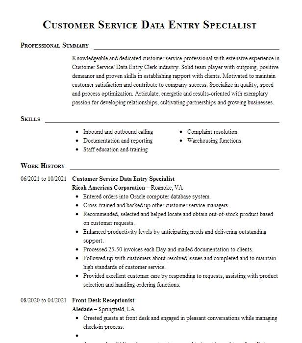 Customer Service Specialist Data Entry Specialist Resume Example