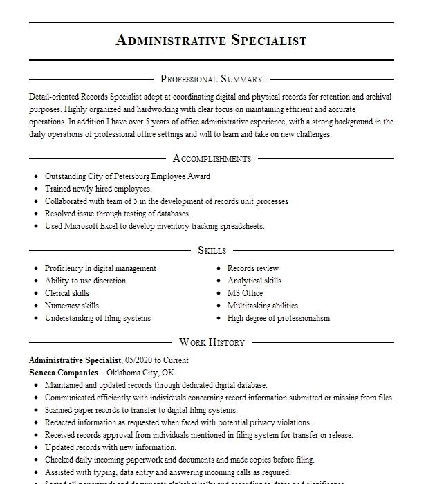 Administrative Specialist Resume Example