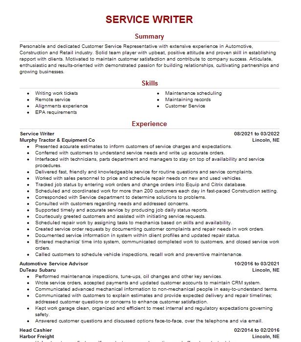 Service Writer Resume Example