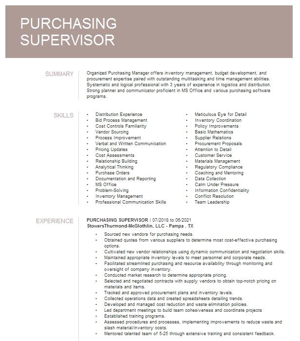 Purchasing Supervisor Resume Example