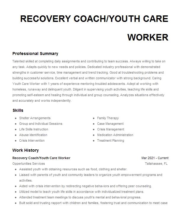 Recovery Coach Youth Care Worker Resume Example