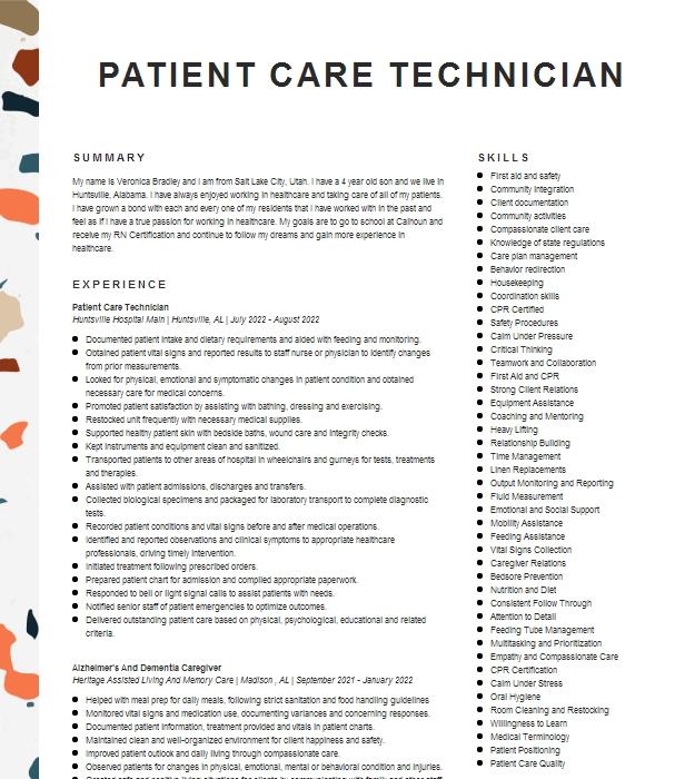 Patient Care Technician Resume Example