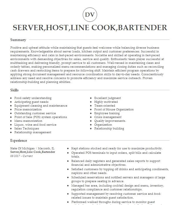 Server To Go Specialist Line Cook Resume Example