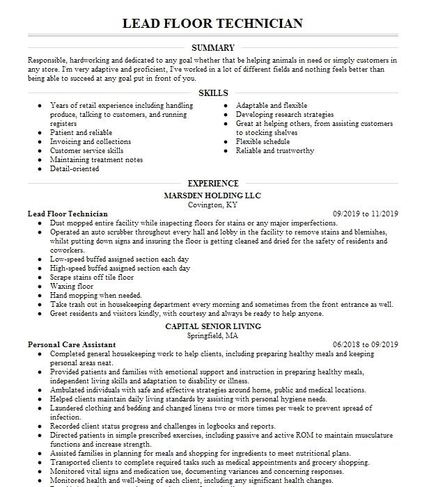 Lead Floor Technician Resume Example